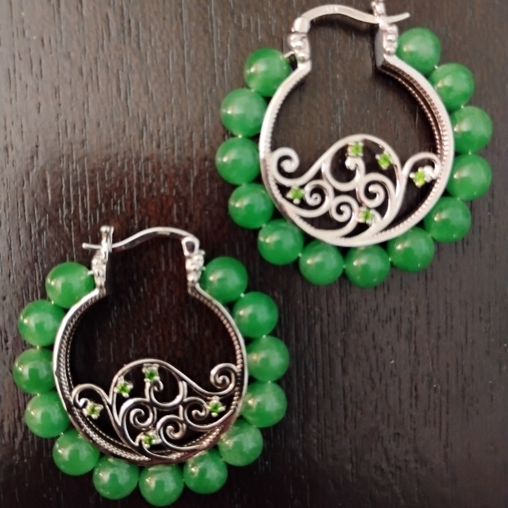 Green Jade Chrome Diopside 925 Sterling Silver Hoop Earrings